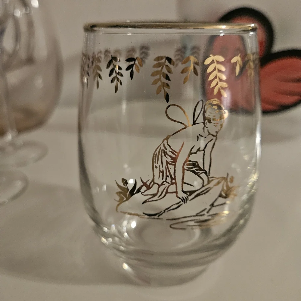 VTG 1950s LIBBEY White Rock Girl Gold Painted Stemless Glasses | Set of 10